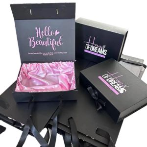Black luxury foldable rigid gift box with silk insert and glossy lamination