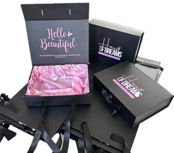 Black luxury foldable rigid gift box with silk insert and glossy lamination
