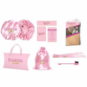 Complete pink satin wig care and packaging set with bonnet, bag, and accessories