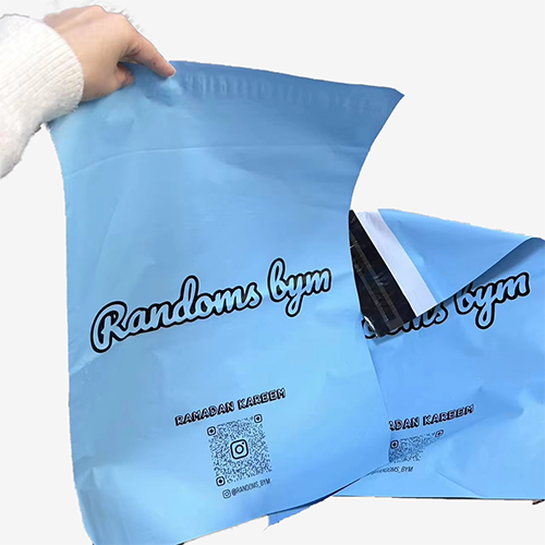 Blue custom poly mailer shipping bag with printed logo and self-seal strip