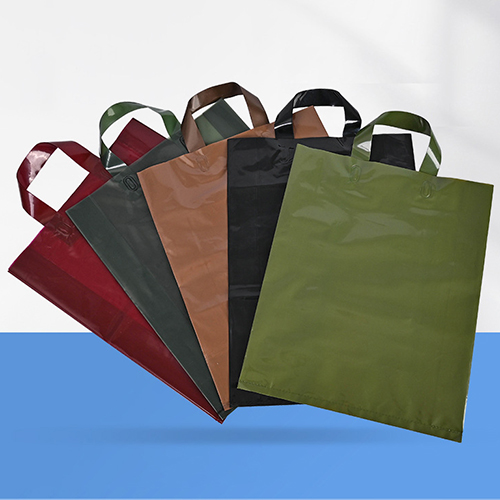 Transparent PE shopping tote bag with brown handles and printed logo