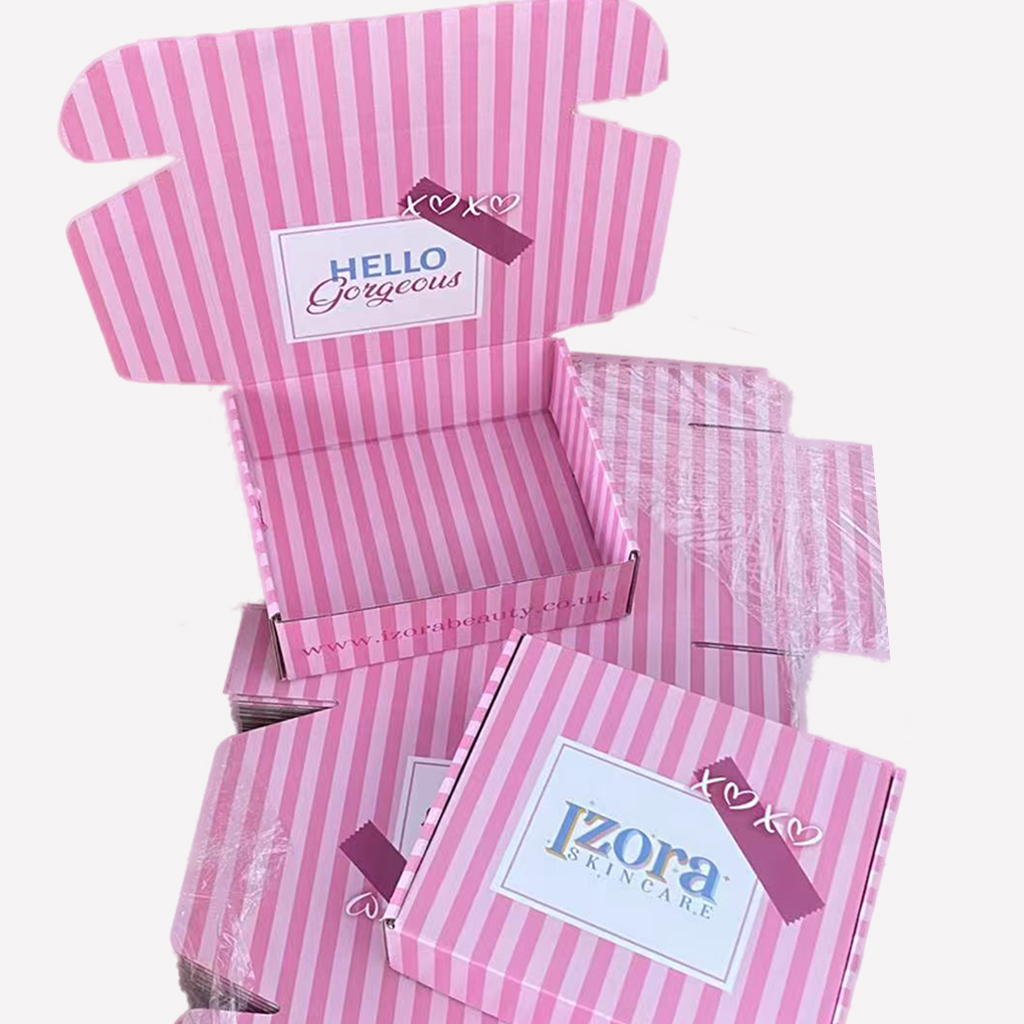 Pink striped corrugated mailer box for durable parcel shipping