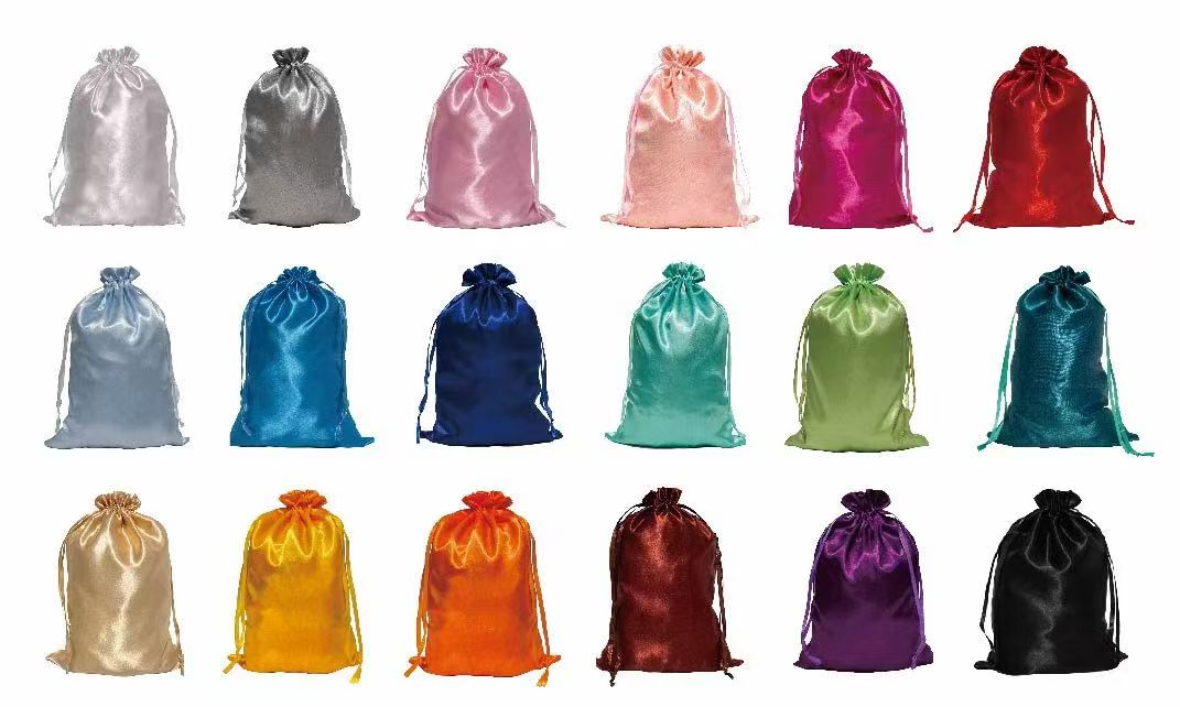Assorted colorful satin drawstring wig bags for hair extension packaging