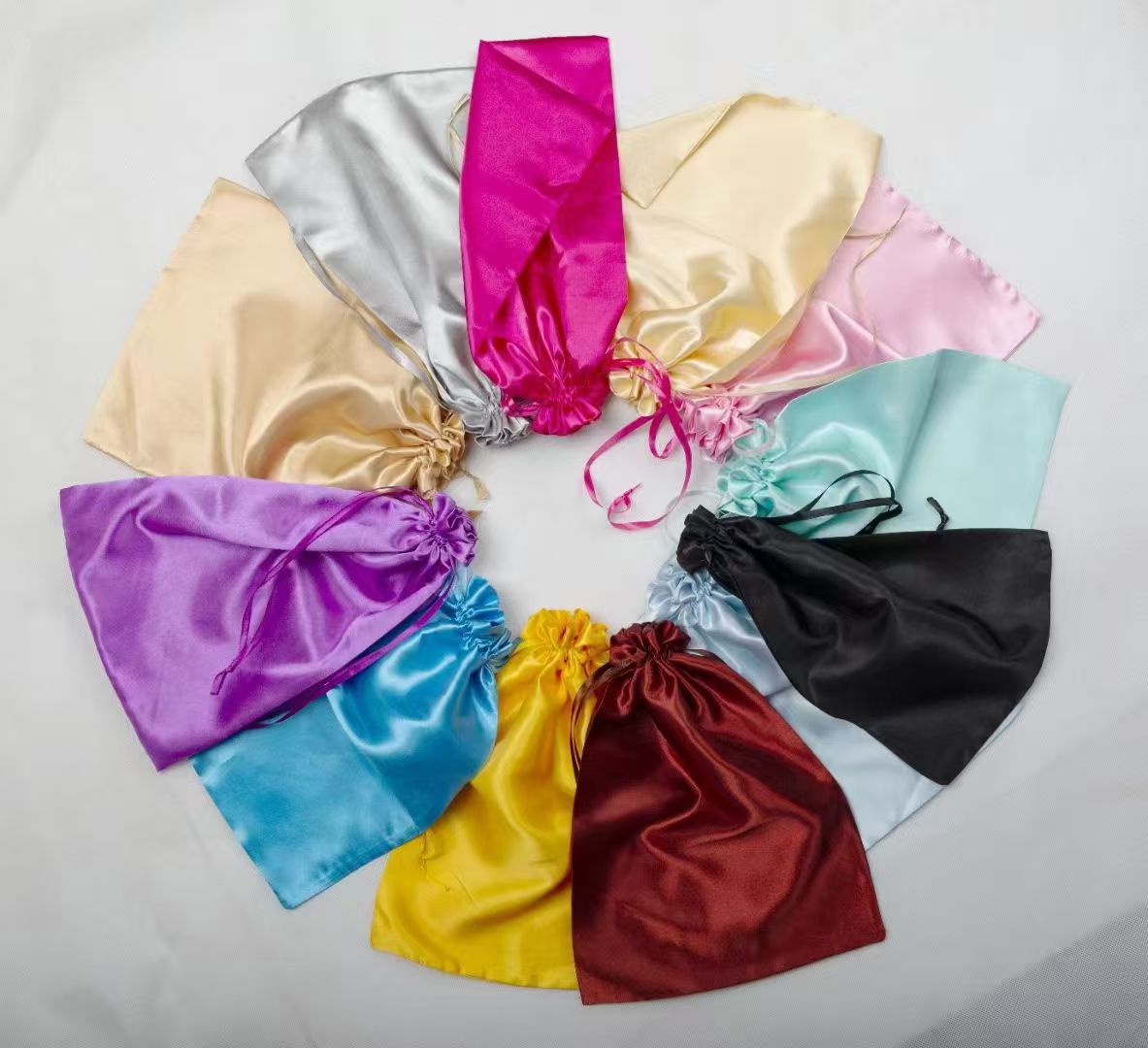 Colorful silky satin drawstring storage bags for wigs and gifts