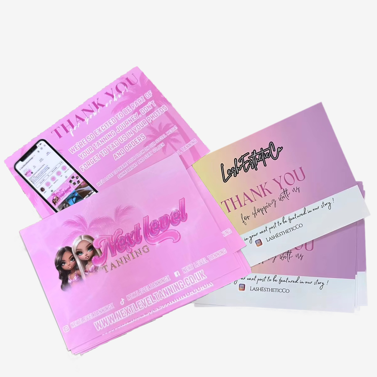 Custom printed pink thank you cards for business and packaging inserts