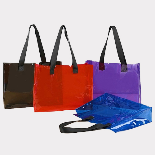 Colorful transparent PVC shopping tote bags with black handles