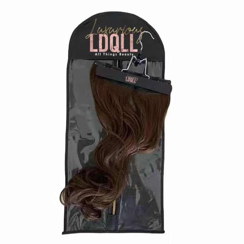 Transparent wig storage bag with hanger and clip for hair extensions