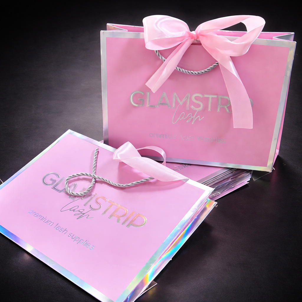 custom laminated paper bags with ribbon handles for luxury packaging