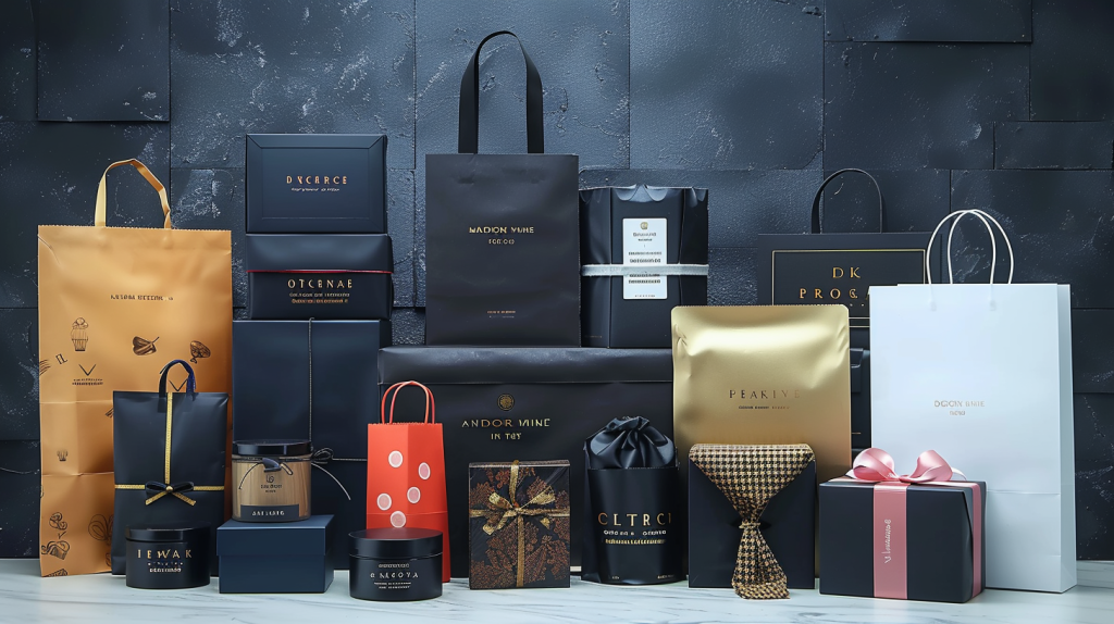 Custom packaging products including paper bags, mailer boxes, rigid boxes, gift boxes, poly mailers and thank you cards