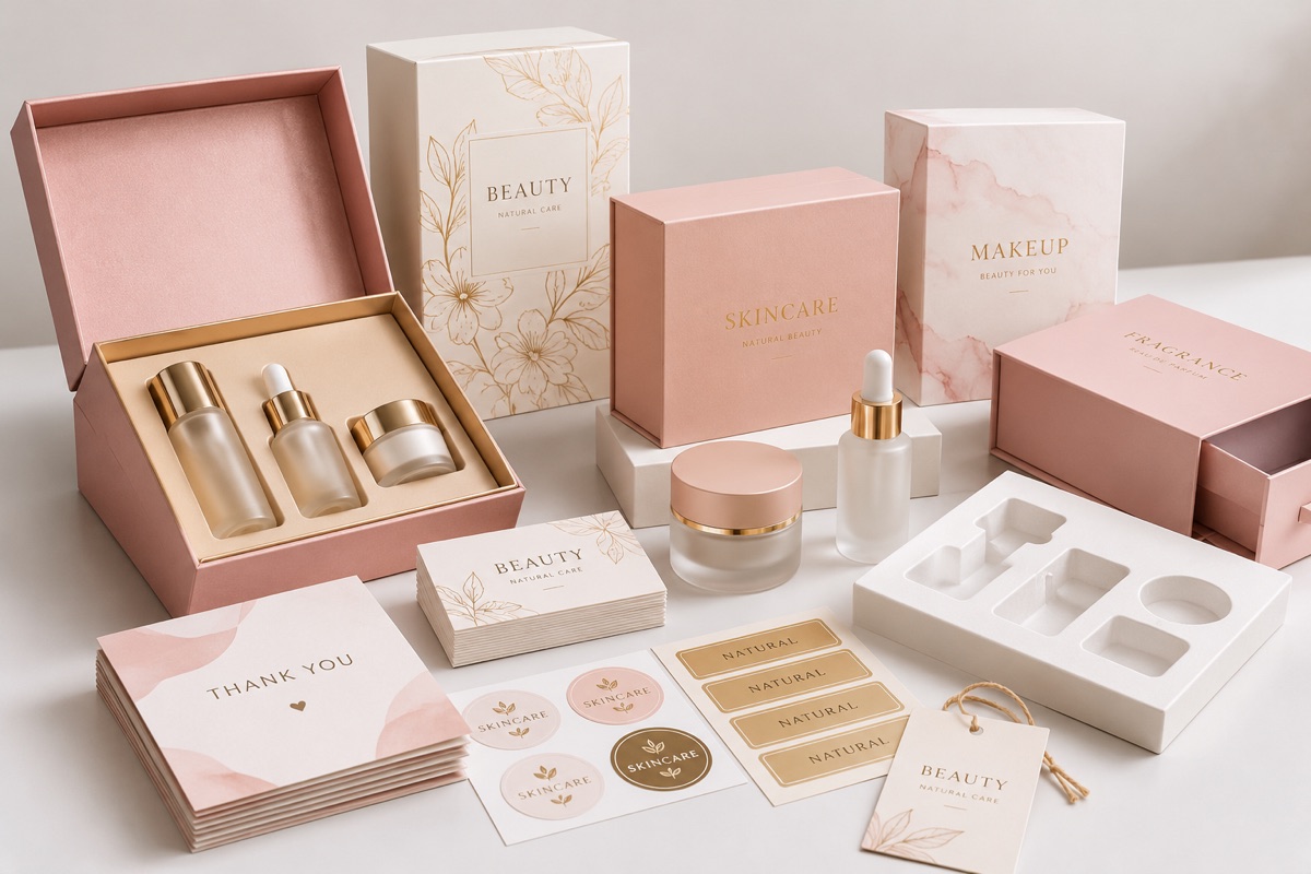 Custom cosmetic packaging including rigid boxes, inserts, cards and labels