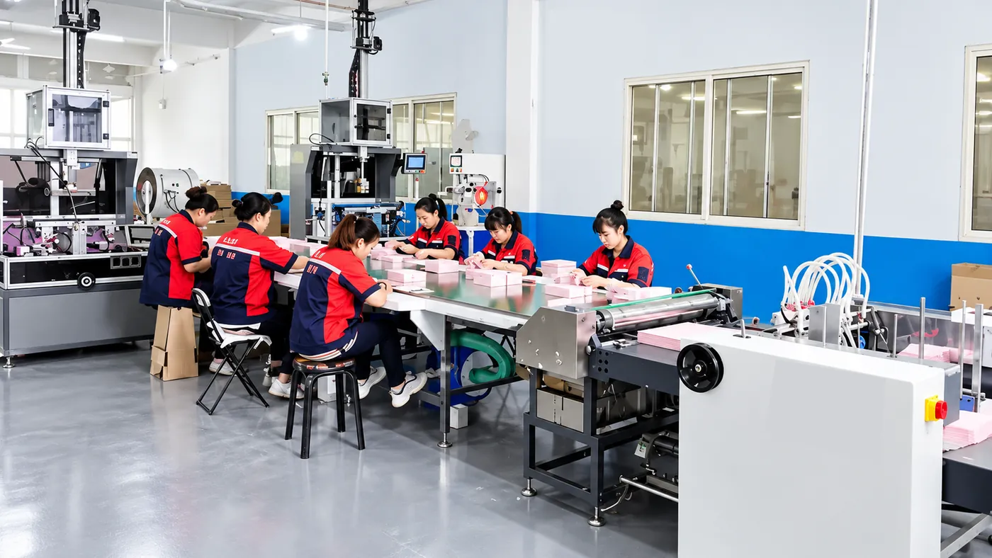 Packaging workers forming and assembling custom paper boxes