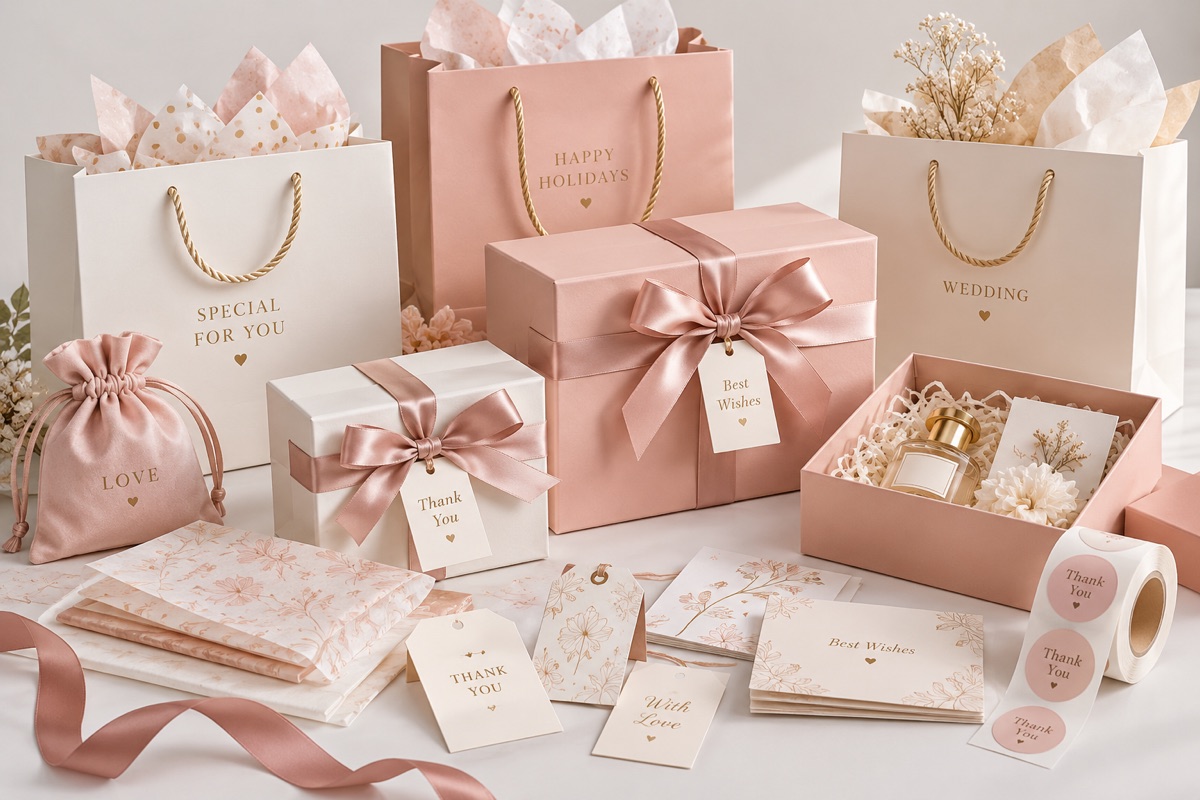 Custom event and gift packaging including ribbon boxes, bags, pouches and cards