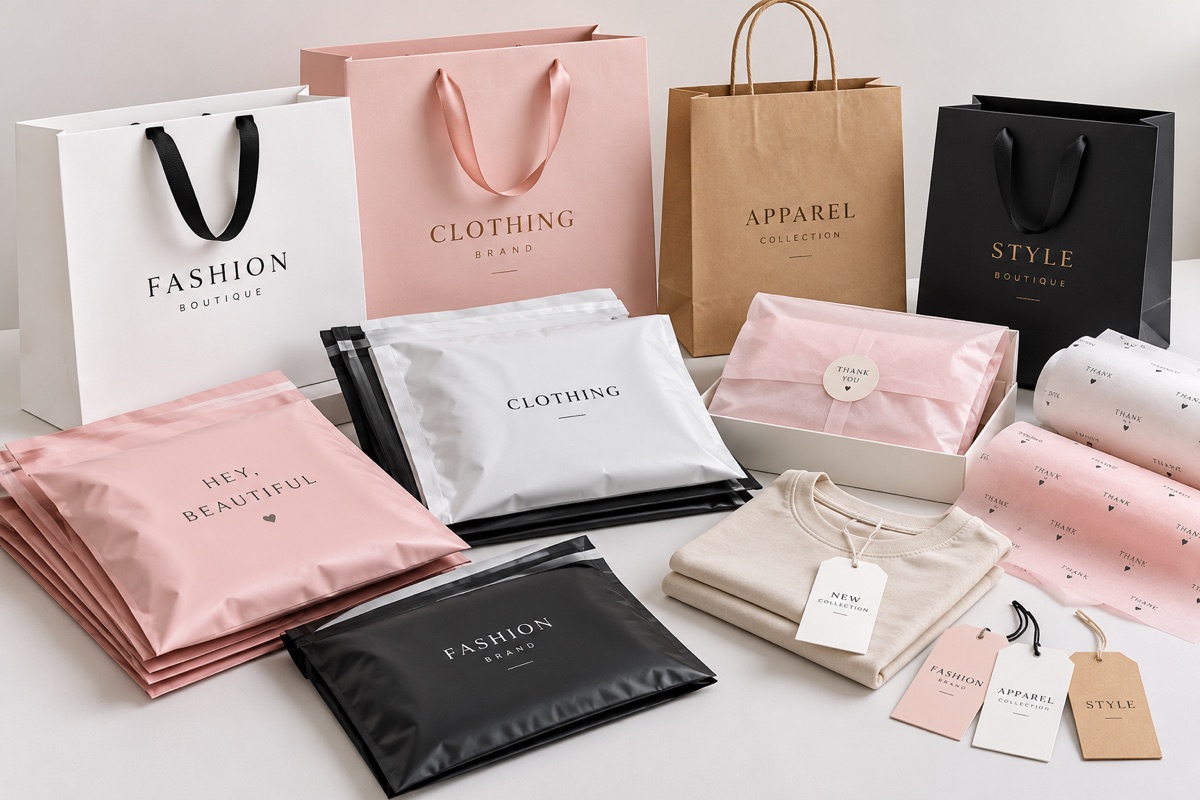Custom apparel packaging including paper bags, poly mailers, tissue paper and tags