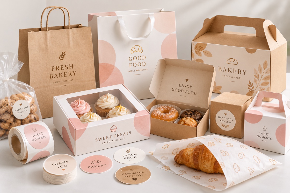 Custom food and bakery packaging including boxes, bags, stickers and printed paper