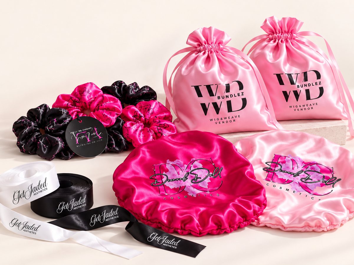 Custom printed satin drawstring bags for hair and wig packaging