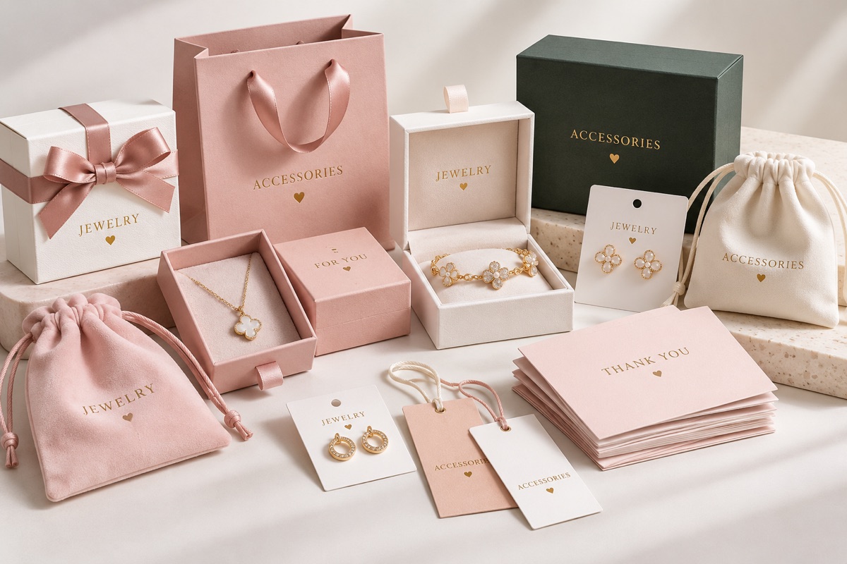 Custom jewelry packaging including gift boxes, pouches, cards and tags