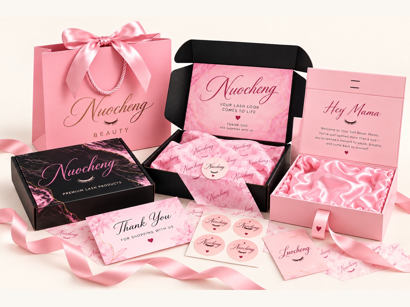 Pink and black branded packaging with paper bag, mailer box, gift boxes, tissue paper, cards and stickers