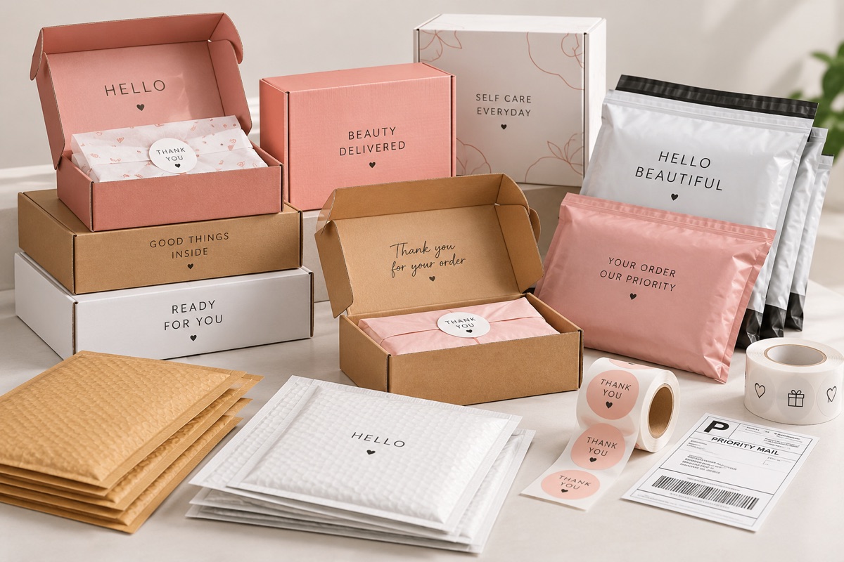 Custom e-commerce packaging including mailer boxes, shipping bags and stickers